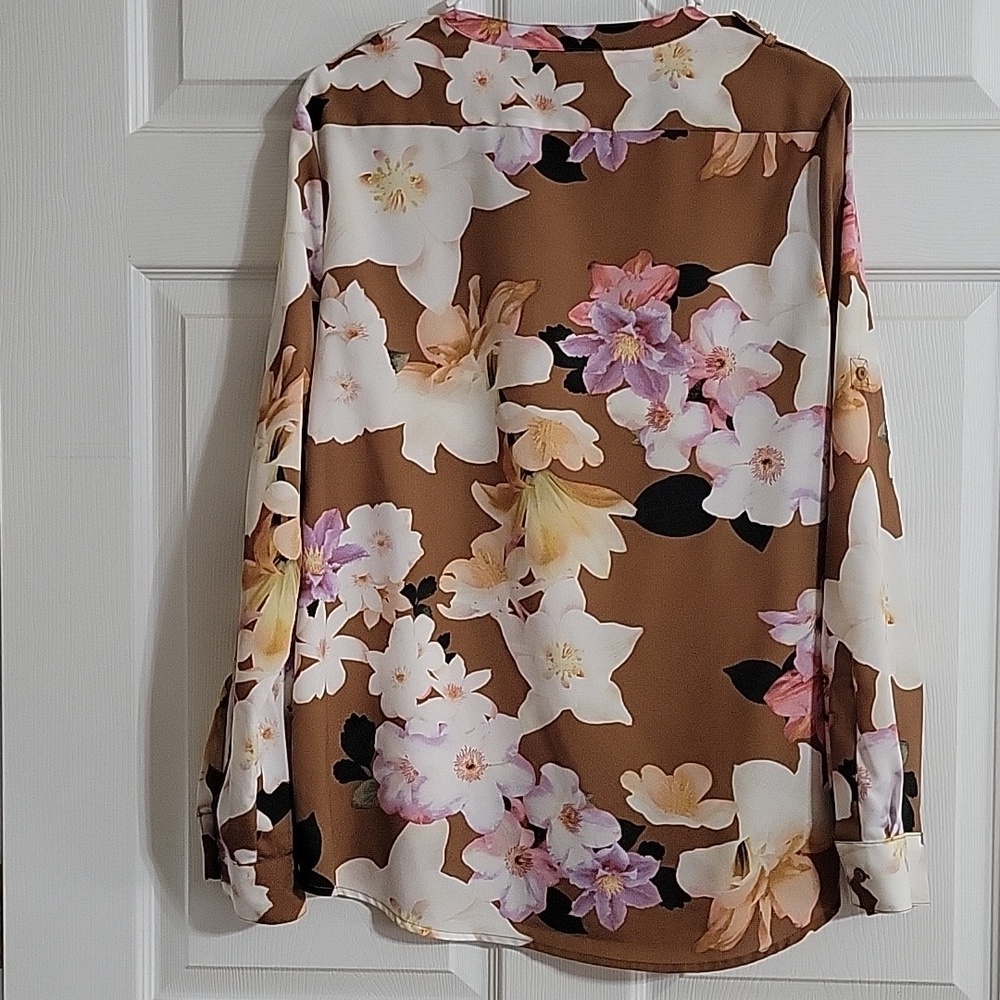 Calvin Klein Floral Button Front Brown Pink White Long Tab Sleeve Top Sz Medium - Picture 7 of 9